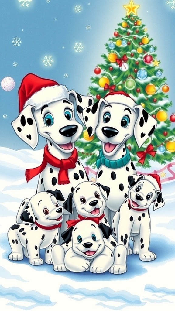 101 Dalmatians Christmas Drawing Ideas Pongo and Perdita from 101 Dalmatians in Christmas hats with puppies in a snowy setting.
